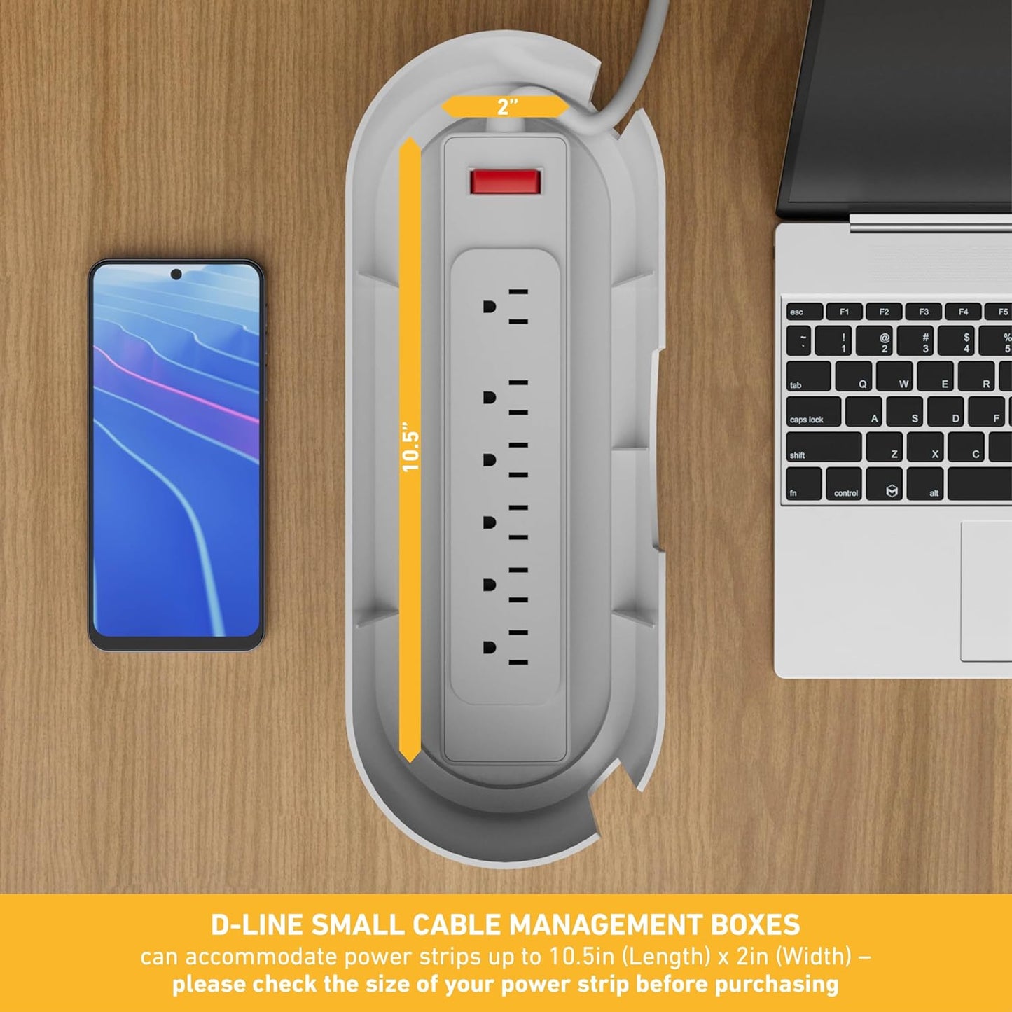 D-Line Cable Management Box, Power Strip Cover, Floor Outlet Hider, Desk Cord Organizer, Hide Extension Leads, 12.75" (L) x 5" (W) x 4.5" (H), for use with Power Strips up to 10.5in (L) - Small, Black