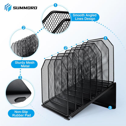 SUMMORO Inclined File Organizer for Desk, 7-Section Vertical File Folder Holder Office Desk Organizer Metal Rack File Wire Mesh Desktop Document Sorter for Office School Classroom Home (Black)