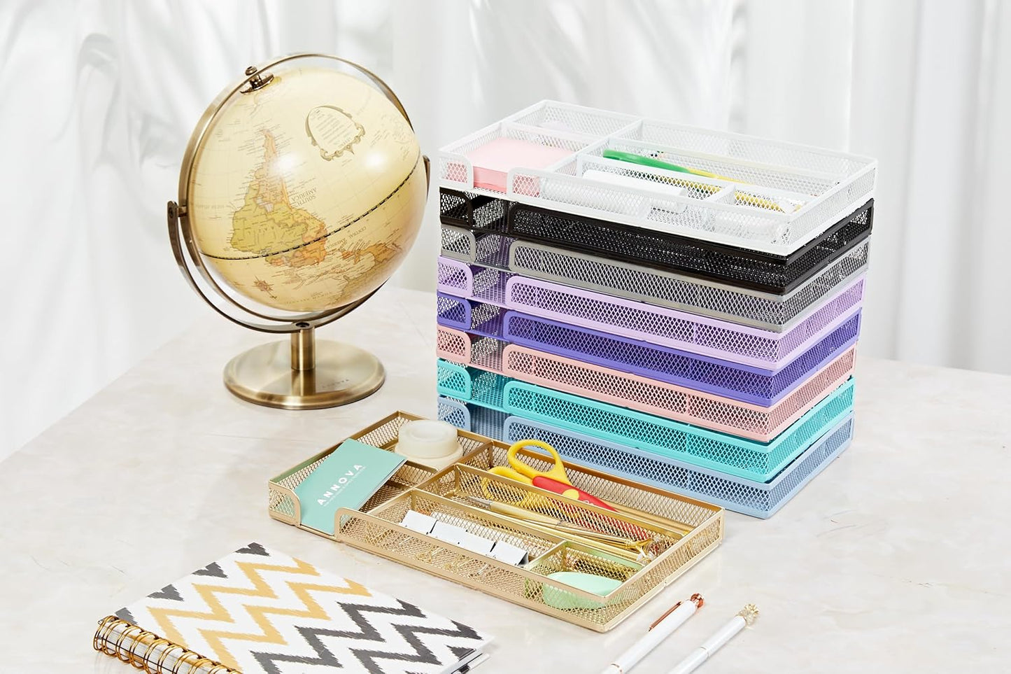 Annova Desk Drawer Organizer Tray for Office Organization - Metal Mesh - Storage Tray with Dividers for Pens, Desktop Accessories, Bathroom, Kitchen, Makeup and Office Supplies (Small, Gold)