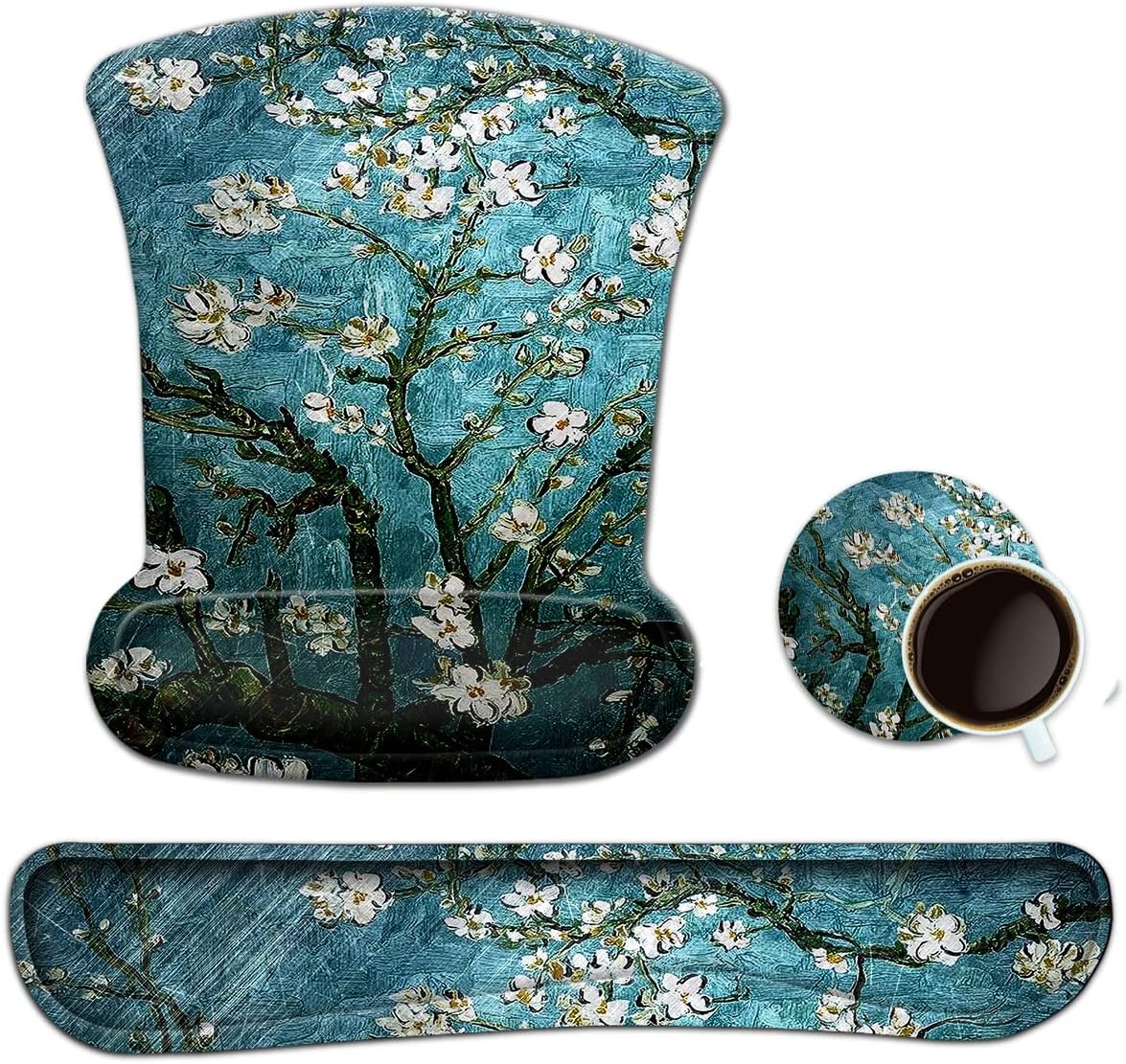 Keyboard Wrist Rest Pad Ergonomic Mouse Pad Set, ToLuLu Gel Mouse Pad Wrist Support for Computer Laptop, Mousepad Keyboard Wrist Support with Memory Foam for Easy Typing Pain Relief, Van Gogh Painting