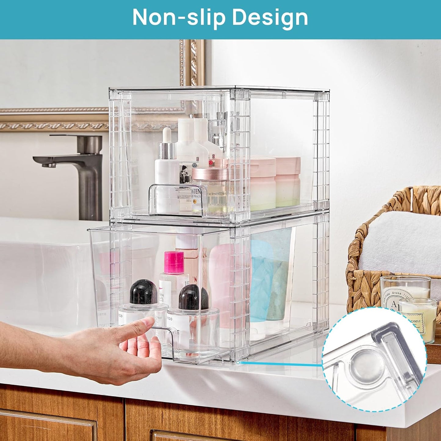 Vtopmart 4 Pack Large Stackable Storage Drawers,Easily Assemble Acrylic Bathroom Closet Undersink Organizers and Storage,Plastic Bins for Kitchen Cabinets,Pantry,Makeup,Medicine Organization