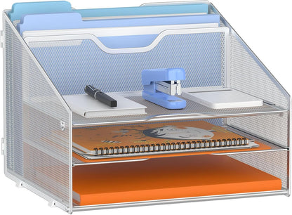 GAWERK Letter Tray Organizer, Mesh Desk File Organizer with 3 Paper Trays and 2 Vertical Upright Section, Blank