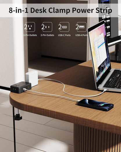 HOPOW Desk Clamp Power Strip, Desktop Mount Charging Station with 4 Outlets 4 USB Ports (2 USB C), 10Ft Under Desk Power Strip, Fits 2.75" Tabletop Edge, Extension Cord for Home Office, Black