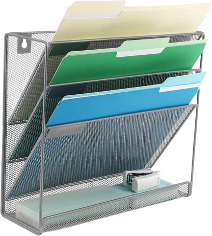 EASEPRES Desk File Organizer Mesh 6-Tier, Hanging Wall Mount Document Organization Stand, Desktop Vertical Mail Paper Folder Holder Rack with Bottom Tray for Office Home Cubicle Countertop, Black