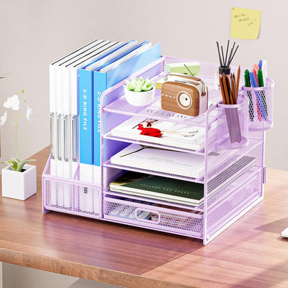 Marbrasse Desk Organizer with File Holder, 5-Tier Paper Letter Tray Organizer with Drawer and 2 Pen Holder, Mesh Desktop Organizer and Storage with Magazine Holder for Office Supplies(Black)