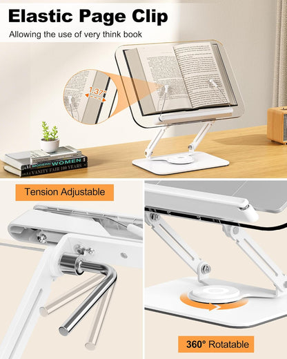 BYMECOST Acrylic Book Stand for Reading, Adjustable Book Holder with 360° Rotating Base & Elastic Page Clips, Foldable Desktop Riser Stand for Cookbook,Laptop,Tablet,Music Scores,Recipe,Textbook