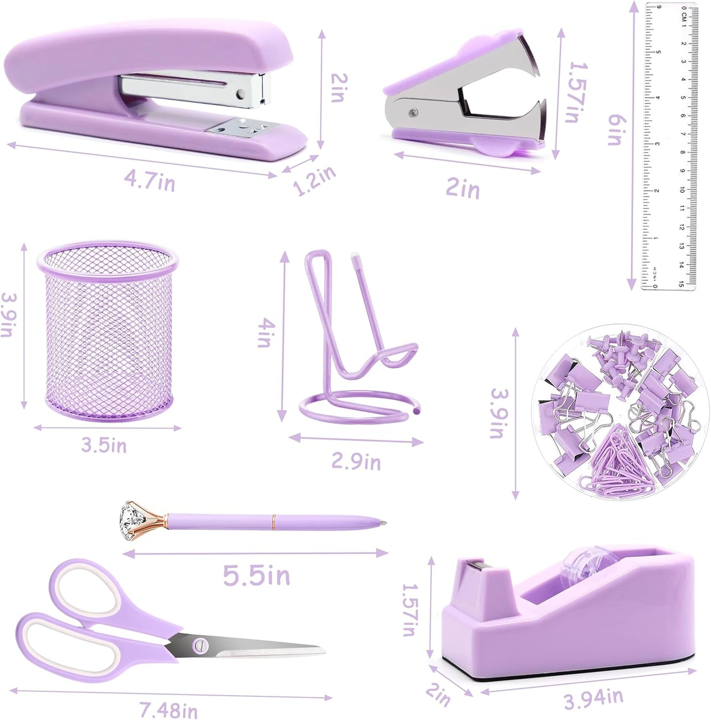 Office Desk Accessories, Acrylic Stapler, Staple Remover, Tape Holder, Pen Holder, Ballpoint Pen, Scissor, Binder Clips, 1000pcs Staples, Phone Holder, Ruler, Transparent Glue and 300 Notes