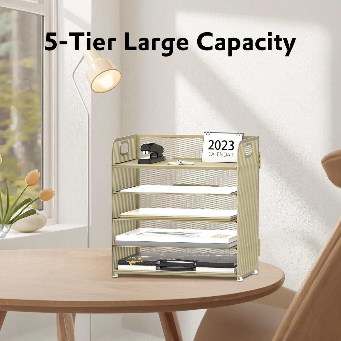 Supeasy 5 Trays Paper Organizer Letter Tray with Handle-Mesh Desk File Holders, Paper Sorter Desk Organizer for Office, Home, Classroom or School, White
