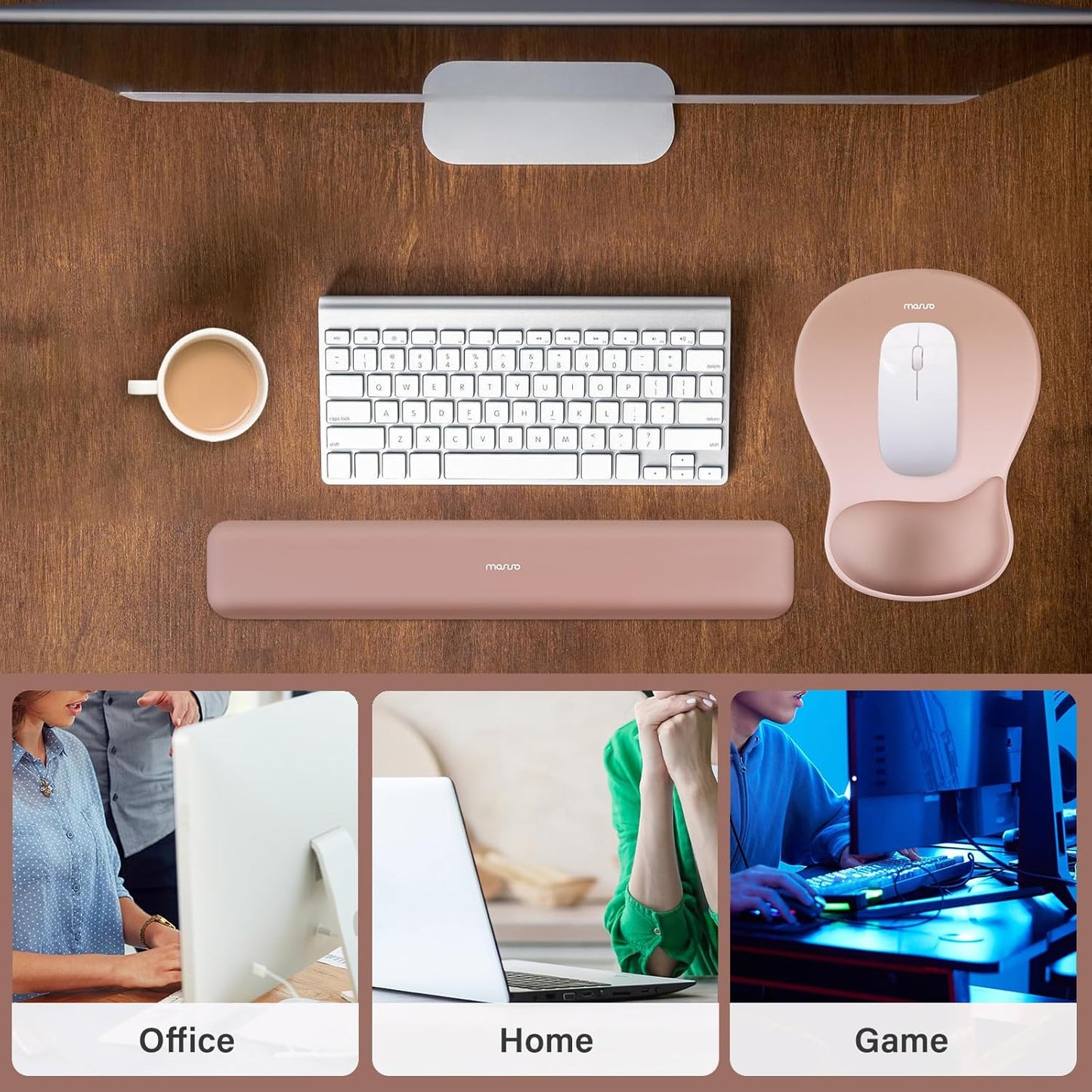 MOSISO Wrist Rest Support for Mouse Pad&Keyboard Set, Ergonomic Mousepad with Concave Curved Memory Foam, Non-Slip Base Pain Relief Comfortable Rectangular Easy Typing Pad for Home/Office, Brown