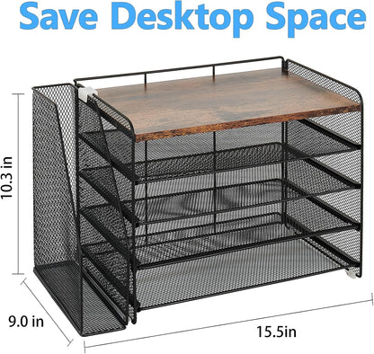 OPNICE Desk Organizer, 5-Tier Paper Organizer Letter Tray with Magazine Holder, Office Desk Accessories & Workspace Organizers, Desktop File Organizer for Office Supplies Storage, Black