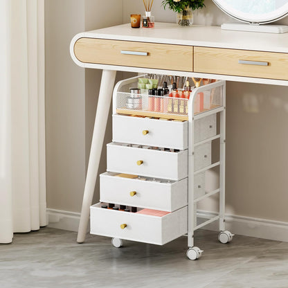 SWTYMIKI Rolling Makeup Organizer Cart - Under Desk Vanity Makeup Storage with 3 Non-woven Drawers, Nail Cart Organizer Cosmetic Display Cases Cabinet for Skin Care Perfume Nail Polish Brush Hair Tool