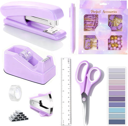 Gold Desk Accessories, Office Desk Organizers and Accessories 360°Pen Holder Acrylic Stapler Set, Phone Holder, Ballpoint Pen, Scissor, Binder Clips, Ruler, Transparent Glue, Sticky Note and Staples.