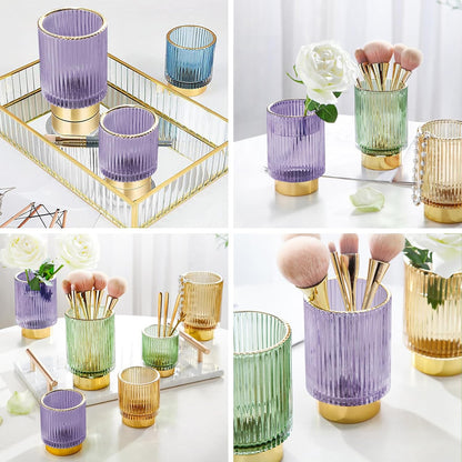DASITON Makeup Brush holder Organizer,Crystal Cosmetic Makeup Brush Glass Brushes Storage Holder, Vintage Make Up Brush Cup Pen Pencil Holder striped vase(Coffee S)