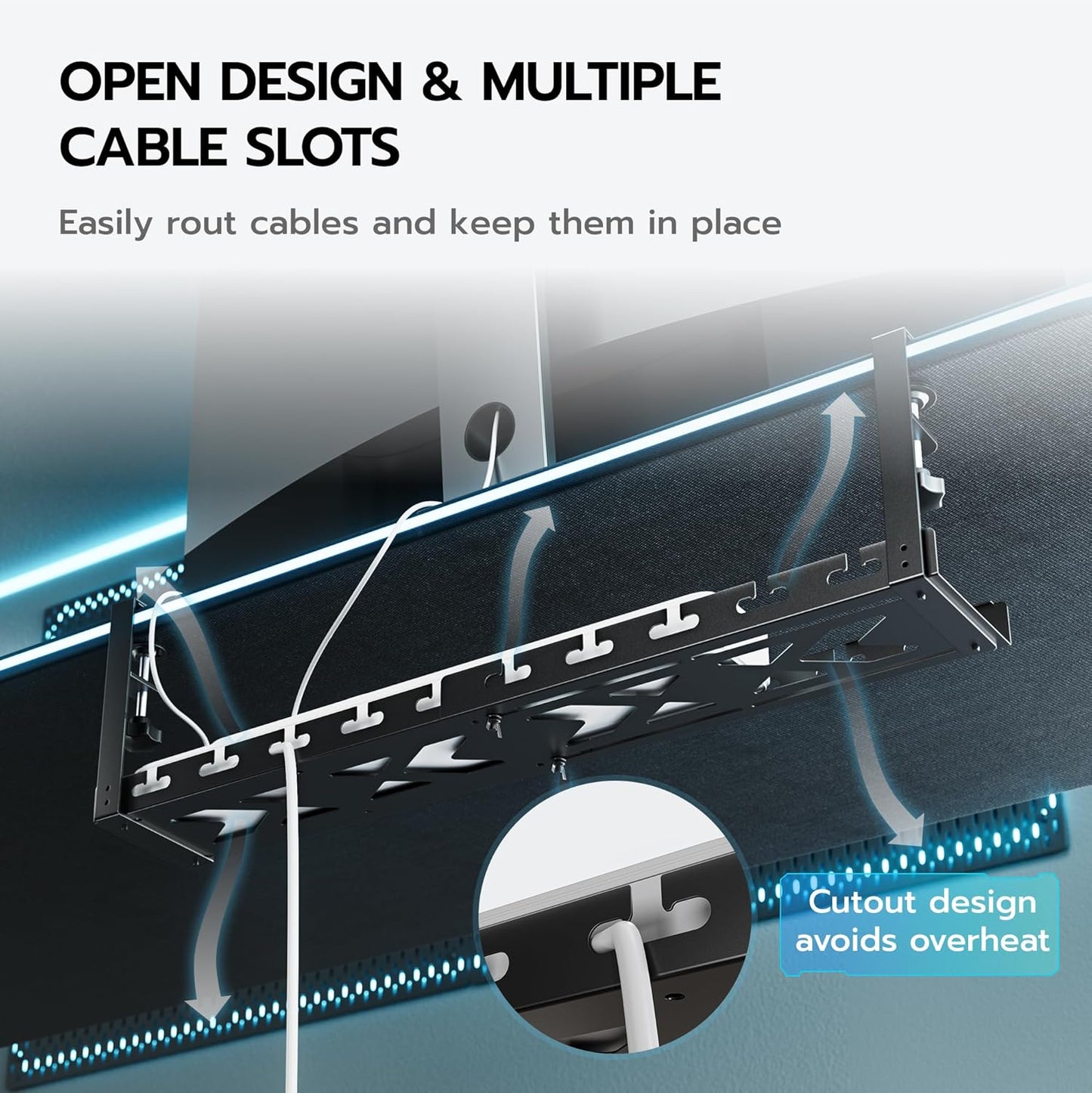 ARES WING 17"-28.7" Extendable Under Desk Cable Management Tray with Cable Slots, Clamp On Cord Organizer Holds Up to 11 lbs, White Metal Under Desk Storage for Office and Gaming Accessories