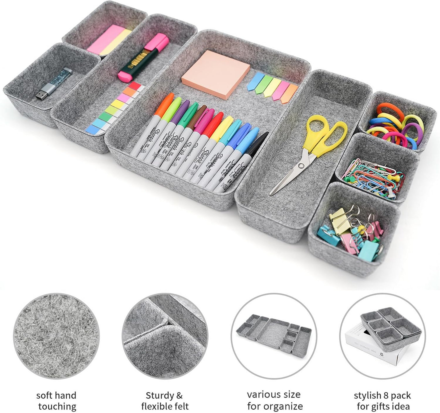 Welaxy Desk Drawer Organizer Tray Set, 8-Piece Office Drawer Organizers for Pens, Makeup, Keys, Crafts, Entryway Catchall, Decluttering Storage (Hot Pink)