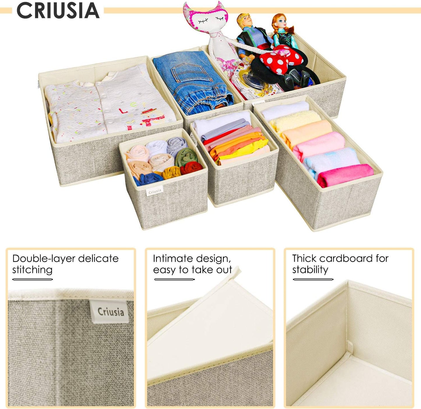 Criusia Foldable Underwear Drawer Organizer, Closet Dividers, Storage Box for Clothes, Socks (6 Bins, Gray)