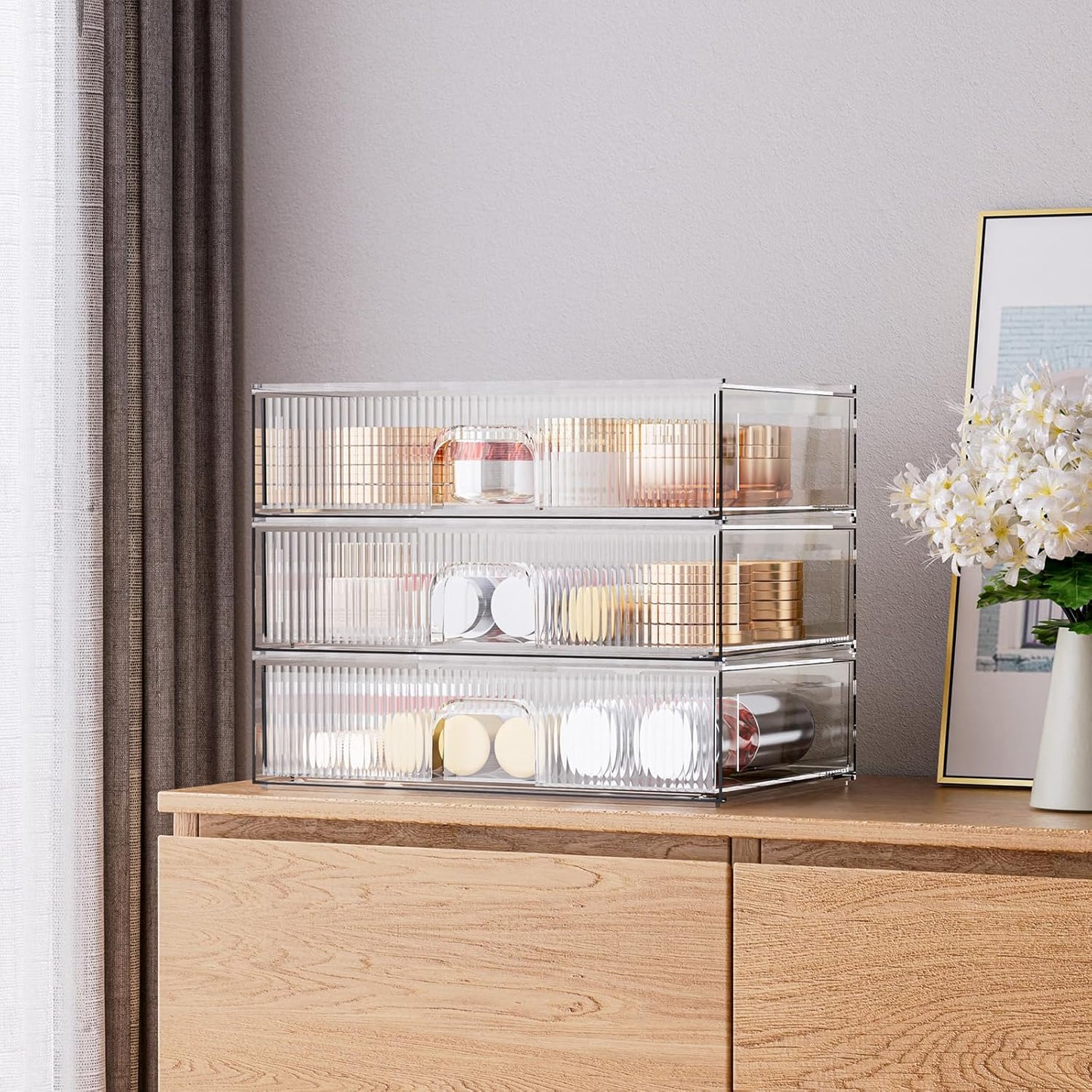 ZHIAI 8 Pack Clear Stackable Storage Drawer, Acrylic Drawer, Cosmetic Organizer, Plastic Organizer for Dresser, Under, Kitchen Cabinet, Pantry, Home Organization and Storage