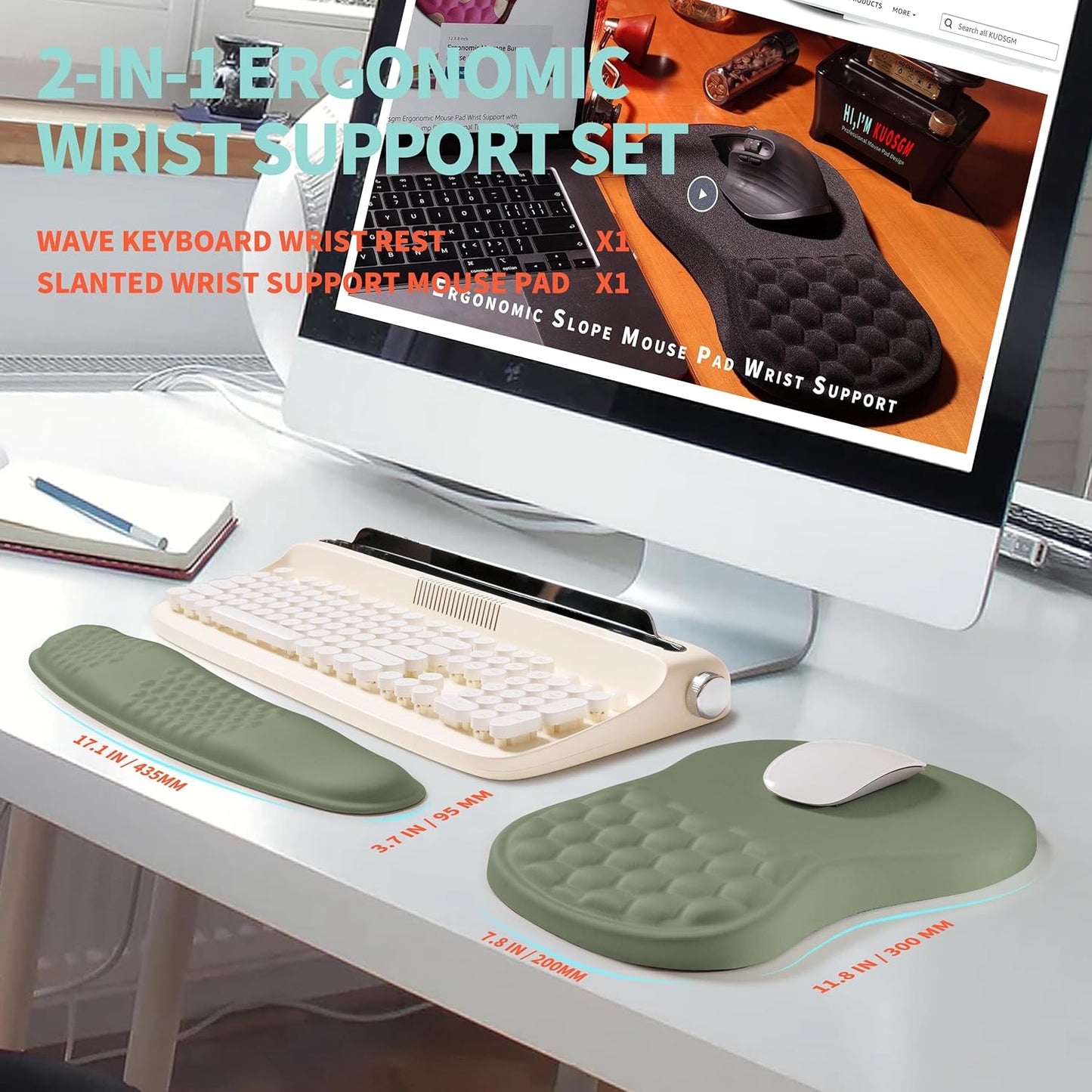 2-in-1 Ergonomic Set, Wave Rise Keyboard Wrist Rest and Massage Bulge Slope Mouse Pad Wrist Support, Cushion Memory Foam Integrated to Relieve Wrist Pain, Black