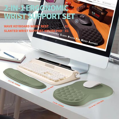 2-in-1 Ergonomic Set, Wave Rise Keyboard Wrist Rest and Massage Bulge Slope Mouse Pad Wrist Support, Cushion Memory Foam Integrated to Relieve Wrist Pain, Black