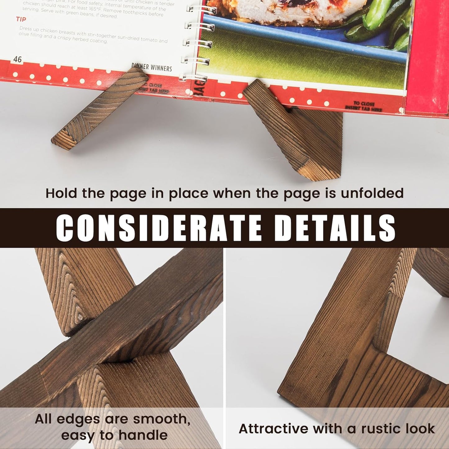 Cookbook Stand for Kitchen, Wooden Cookbook Holder, Recipe Book Holder for Kitchen Counter, Rustic Cook Book Holder Stand - Brown
