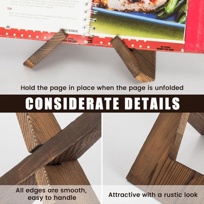 Cookbook Stand for Kitchen, Wooden Cookbook Holder, Recipe Book Holder for Kitchen Counter, Rustic Cook Book Holder Stand - Brown
