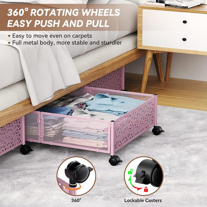PHINOX Under Bed Storage Containers with Wheels, Under Bed Shoe Storage Organizer Drawer, Tool-free Assembly Metal Storage Containers for Bedroom Clothes Shoes Blankets -2PCK
