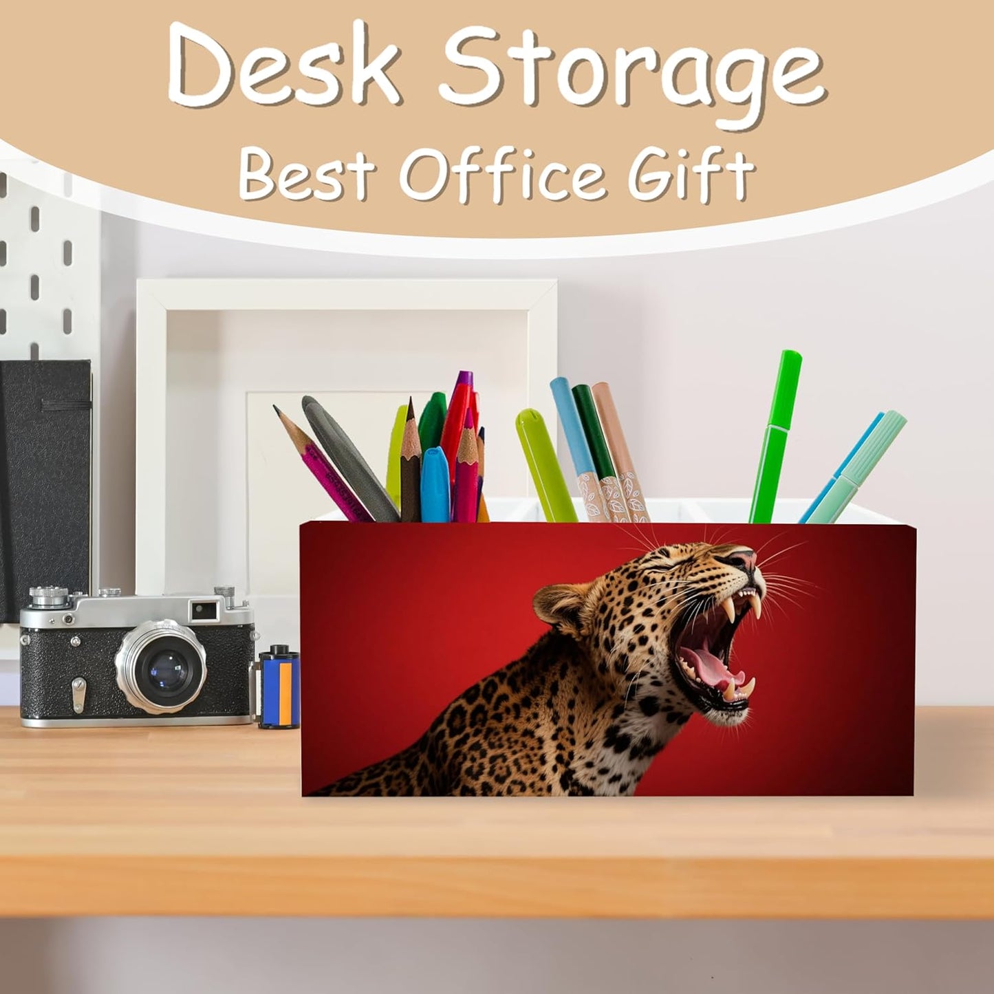 Trendy Funny Leopard Pen Pencil Holder Organizer for Desk, Cheetah Room Decor, Preppy Girly Y2k Aesthetic Cheetah Wooden Box Block Sign for Home Office Tabletop Decor