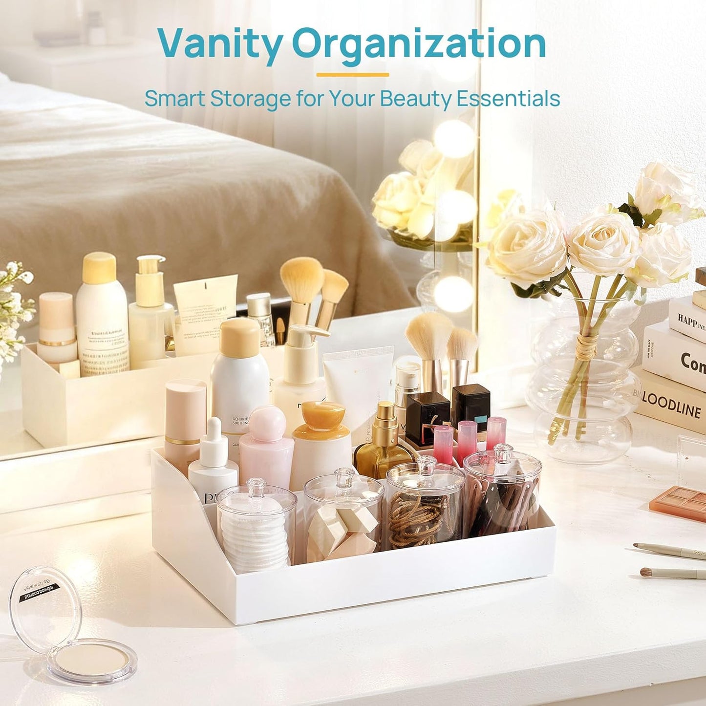 Vtopmart 6 PCS Bathroom Countertop Organizer, 1 Divided Tray with 4 Qtip Holder Jars and 1 Drawers, Restroom Clear Organizers for Toothbrush, Cotton Pads, Vanity Accessories Storage Set