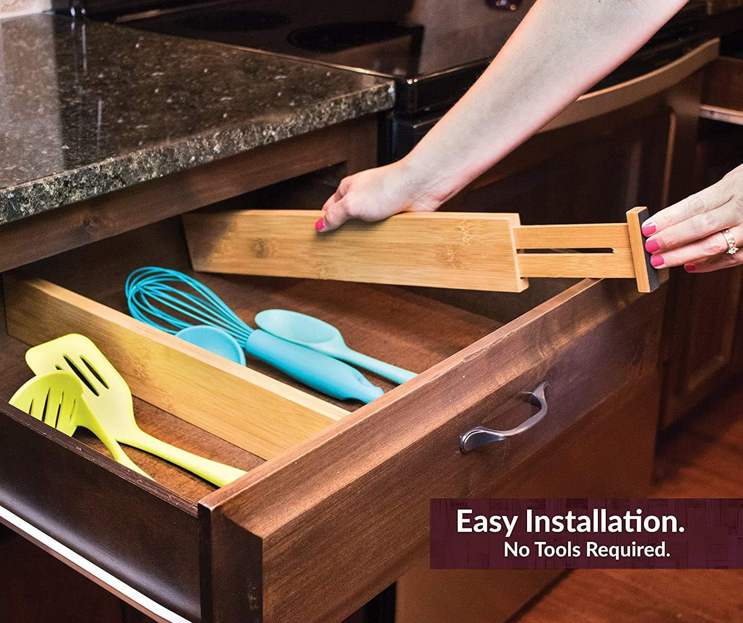 MEKBOK 4-pack Bamboo Kitchen Drawer Divider, Adjustable Drawer Storage, Spring loaded, Suitable for kitchens, Dressing tables, Bathrooms, bedrooms, Drawers, Desks