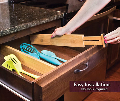 MEKBOK 4-pack Bamboo Kitchen Drawer Divider, Adjustable Drawer Storage, Spring loaded, Suitable for kitchens, Dressing tables, Bathrooms, bedrooms, Drawers, Desks