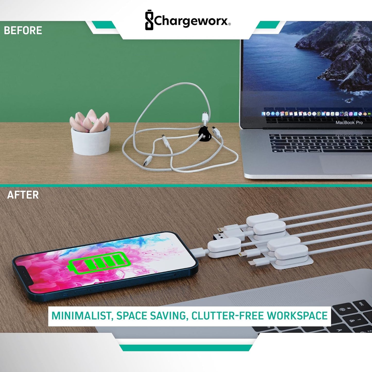 CHARGEWORX Pack of 5 Magnetic Cable Clips, Adhesive Cord Organizer for Desk, Nightstand, Wall or Car, Wire Holder for USB-C, Lightning and Micro-USB Cables