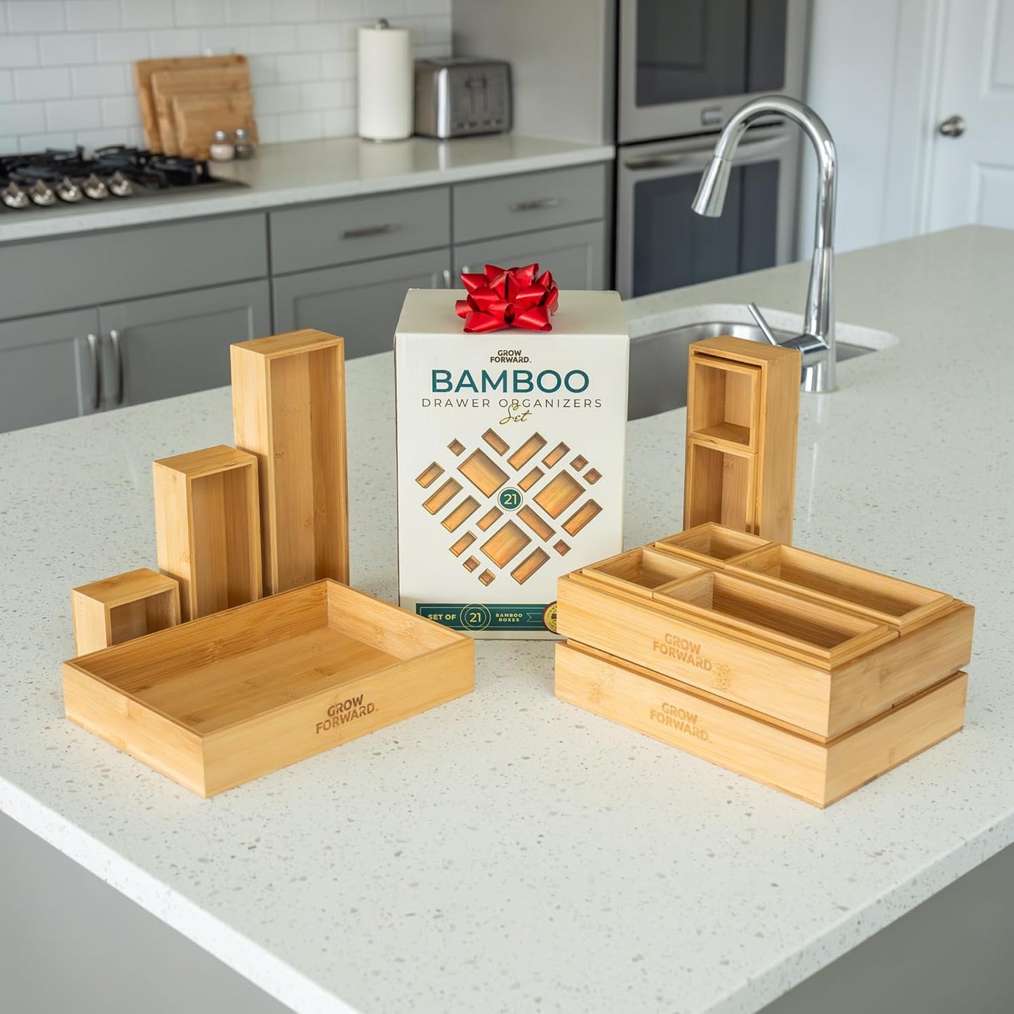 Grow Forward Bamboo Drawer Organizer Boxes - Set of 14 Wooden Drawer Organizers for Kitchen, Bathroom, Office, Desk, Vanity, Makeup - Non-Slip Junk Drawer Organizer Trays for Storage and Organization