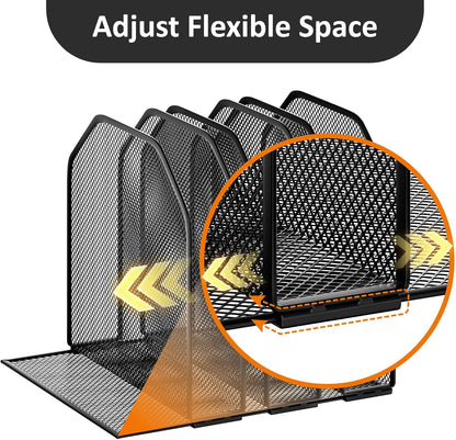FUCDTEFC Desk File Organizer, Adjustable 5 Sections Upright Desktop Organizer File Sorter, Sturdy Metal Mesh Vertical Bookshelf File Holder Workspace Accessories for Home,School,Office Classroom,Black