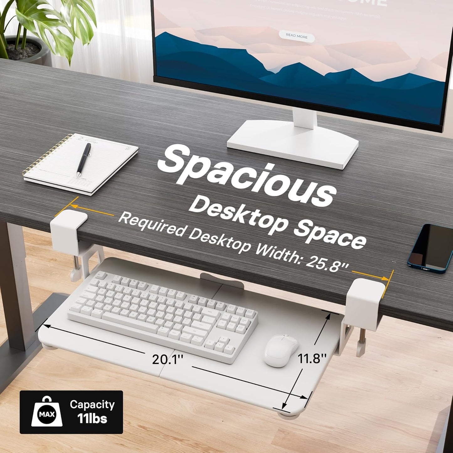 BONTEC KMT01 Under Desk Keyboard Tray, Pull-Out Keyboard & Mouse Platform with C-Clamp, 25.6 x 11.8 in Space-Saving Ergonomic Slide-Out Drawer, Black