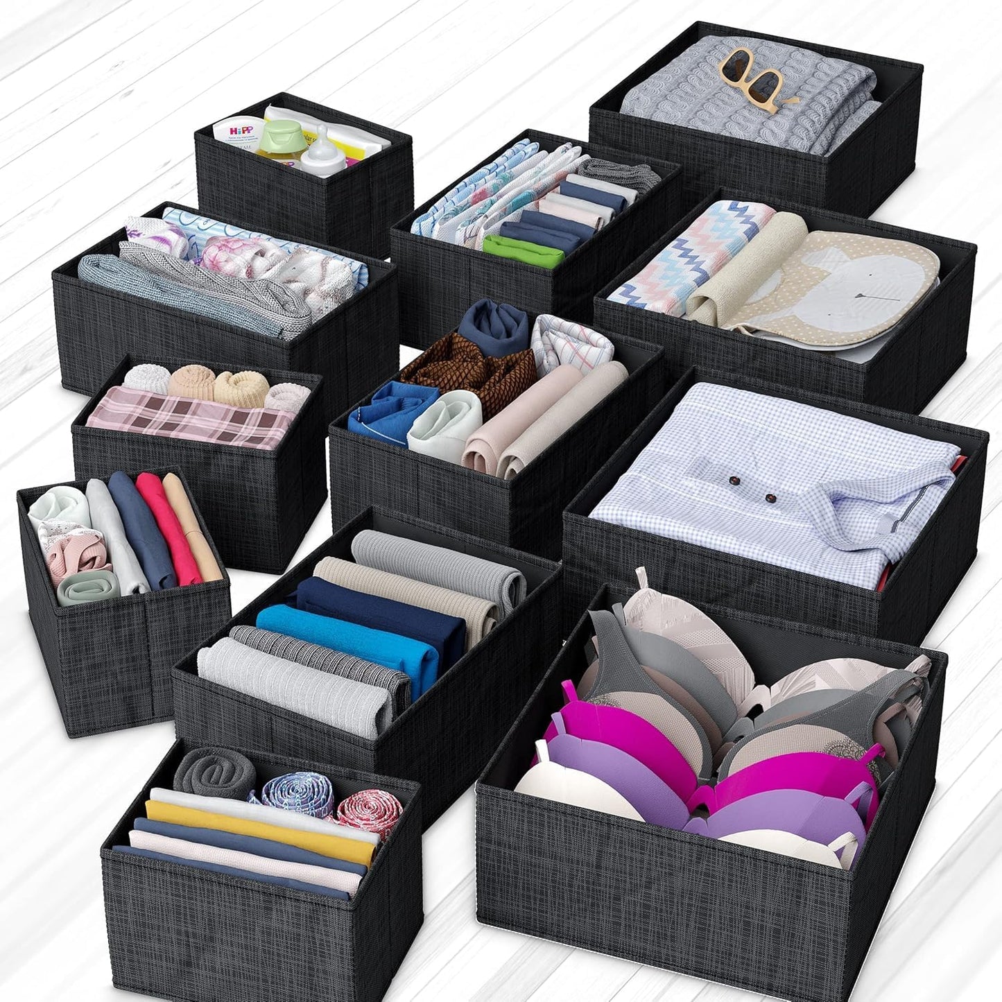 Drawer Organizer Clothes Set of 12 Grey - Dresser Organizer For Nursery, Bedroom, Closet - The Perfect Baby Clothes Organizer and Storage & General Nursery Organization or Dresser Drawer Organizers