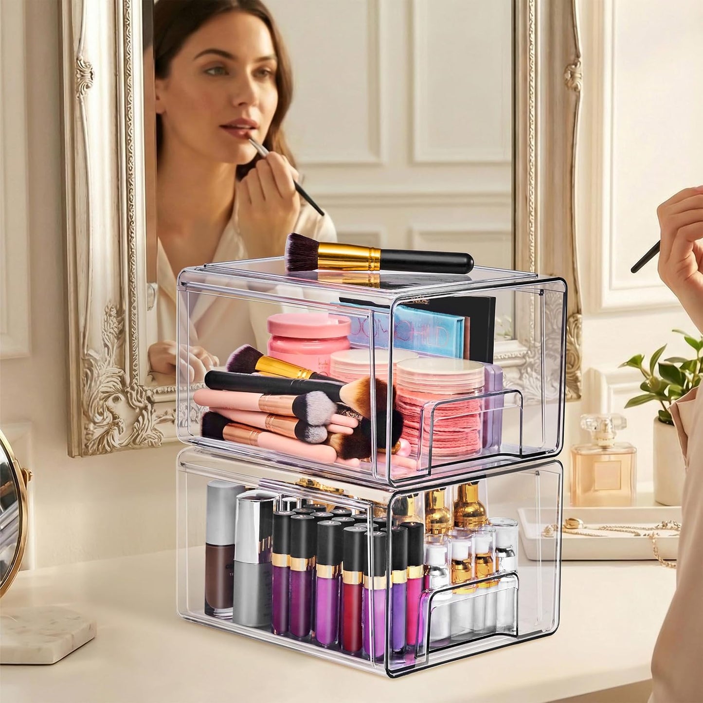 Sorbus Medium Clear Stackable Storage Drawers – 2-Pack Plastic Organizer Bins with Handles – Pull-Out Stackable Drawers for Bathroom Closet, Medicine, Cabinet, Pantry Storage, Baby Bottle Organizer