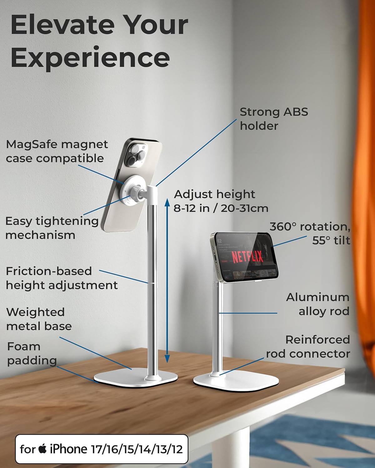 COOPER MagStand, Adjustable Magnetic iPhone Stand for Desk & Phone Holder for Video Recording, Compatible with MagSafe, Stand for iPhone 17 Pro Max, 16/15/14/13/12, Small Mag Safe Tripod (Black)