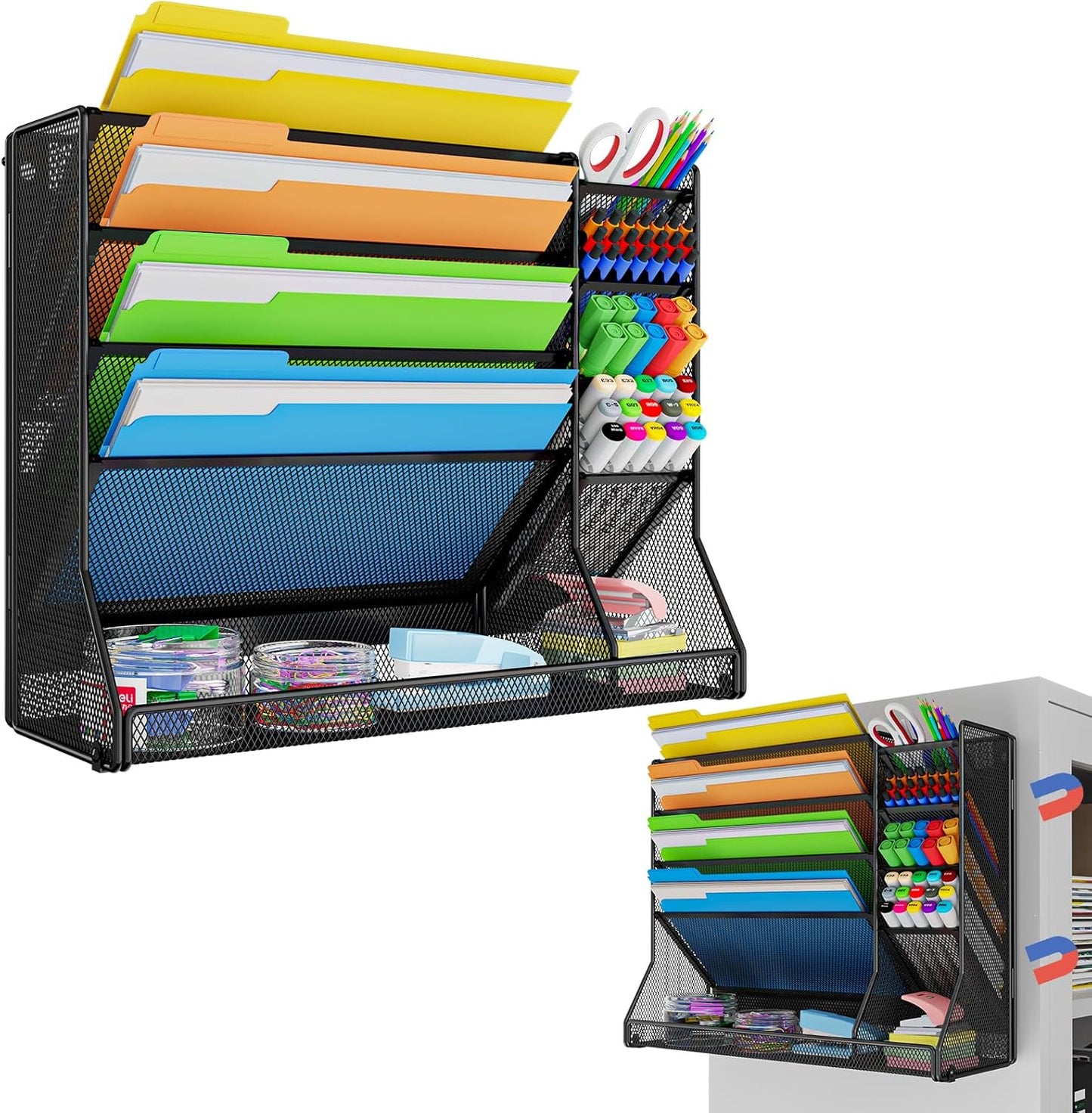 Jakyitvi File Organizer Wall Mounted, 4 Tiers Durable Adjustable Metal Desk Organizer, Desktop Hanging File Holder with 4 Pen Slots Stable, 4 Pull-Out Divider for File, Mail, Black, Patent Pending
