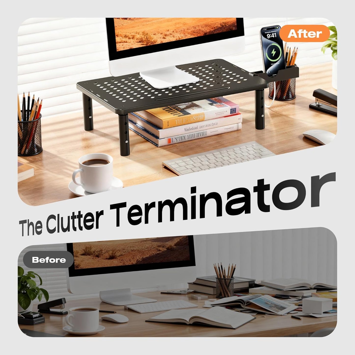 Computer Monitor Stand Riser for Desk, 3 Height Adjustable PC Laptop TV Desktop Monitor Stand Shelf, Metal Printer Table with Phone Holder, Stand Riser for Desk, Office Desk Organizers and Accessories, 2 Pack
