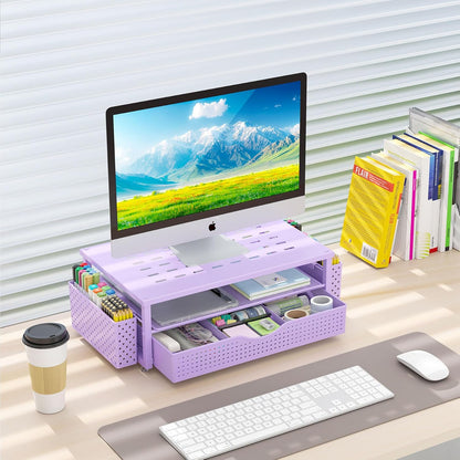 gianotter Wood Monitor Stand Riser, Office Desk Shelf Organizer, Desk Organizer with Drawer and Pen Holder, 2-Tier Computer Stand, Office Organization (Ink)
