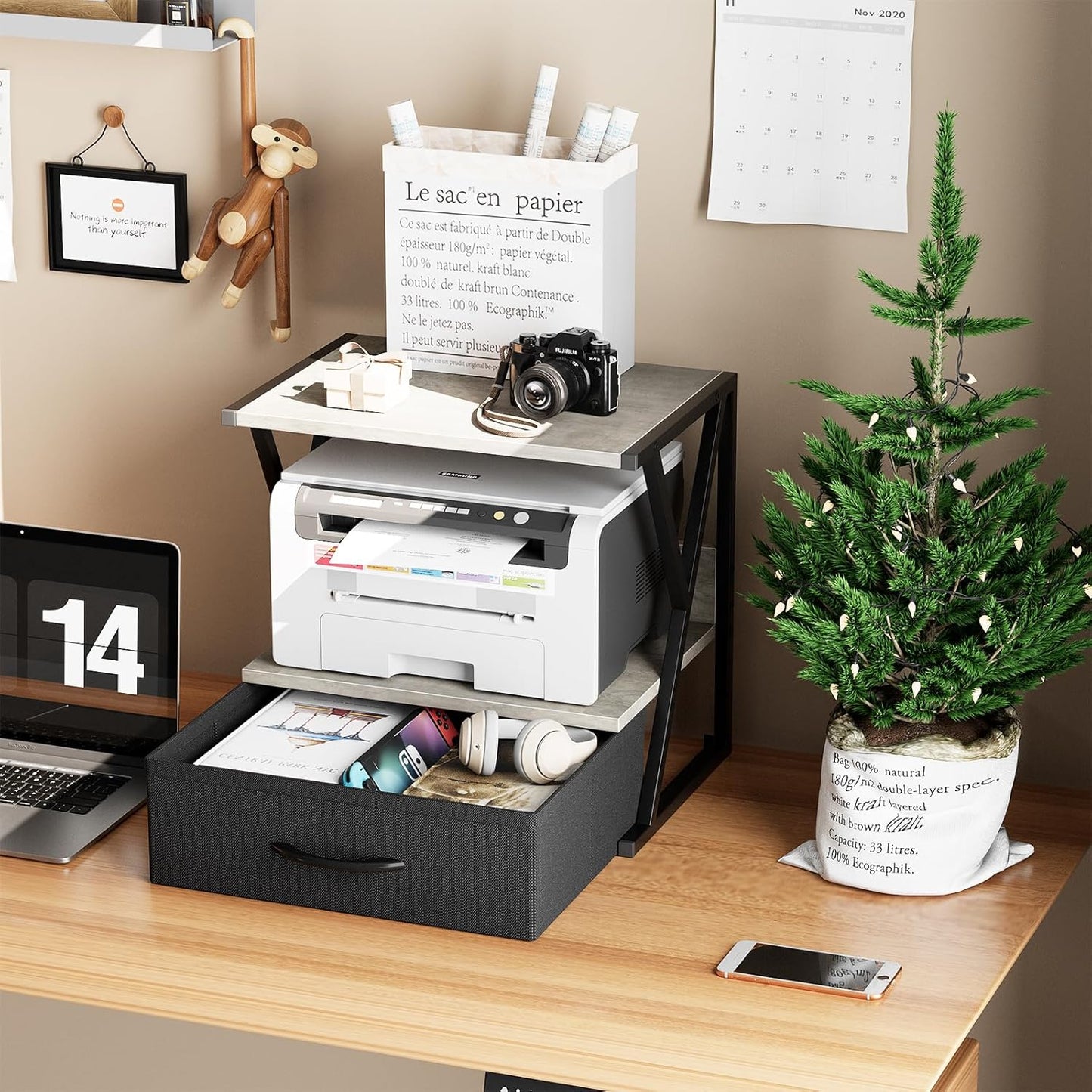 aboxoo Printer Stand for Desk with Storage Drawer, 2 Tier Desktop Or UnderDesk Shelf, Multi-Purpose Desk Organizer for Home Office, fit Fax Machine/3D Printer/Scanner, Rustic Brown