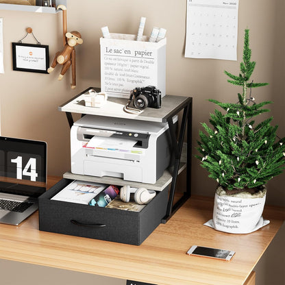 aboxoo Printer Stand for Desk with Storage Drawer, 2 Tier Desktop Or UnderDesk Shelf, Multi-Purpose Desk Organizer for Home Office, fit Fax Machine/3D Printer/Scanner, Rustic Brown