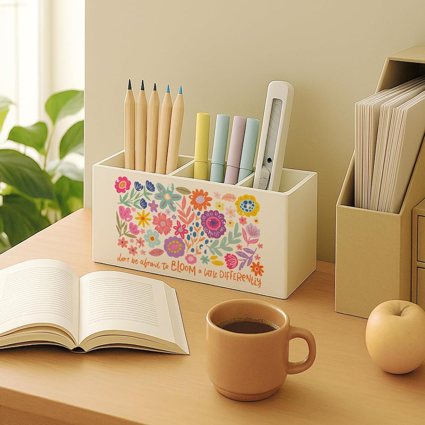 Boho Floral Mental Health Pen Holder for Desk, Special Education Classroom Must Haves, Inspirational Autism ADHD Awareness Pencil Holder for Classroom Therapy Office