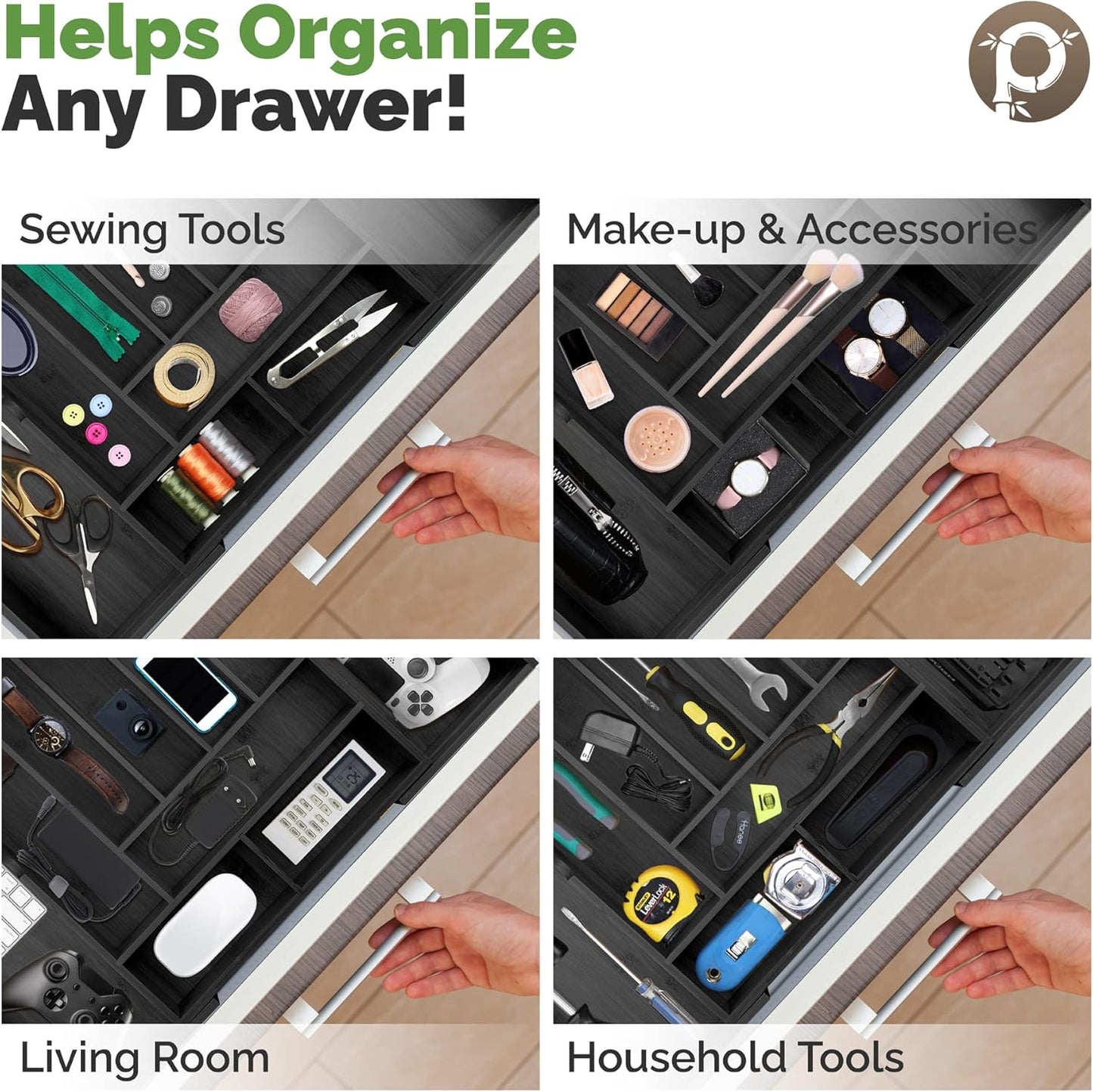 Pristine Bamboo Expandable Drawer Organizers for Kitchen - Extra Deep Non-Slip 17” x 14.6” (expands up to 25 inches) - Dark Wooden Silverware Divider (10 Compartments) – Organize Cooking Utensils