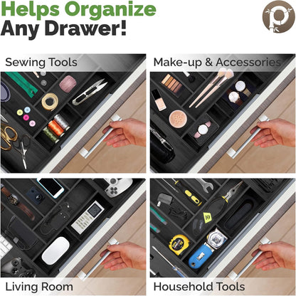 Pristine Bamboo Expandable Drawer Organizers for Kitchen - Extra Deep Non-Slip 17” x 14.6” (expands up to 25 inches) - Dark Wooden Silverware Divider (10 Compartments) – Organize Cooking Utensils