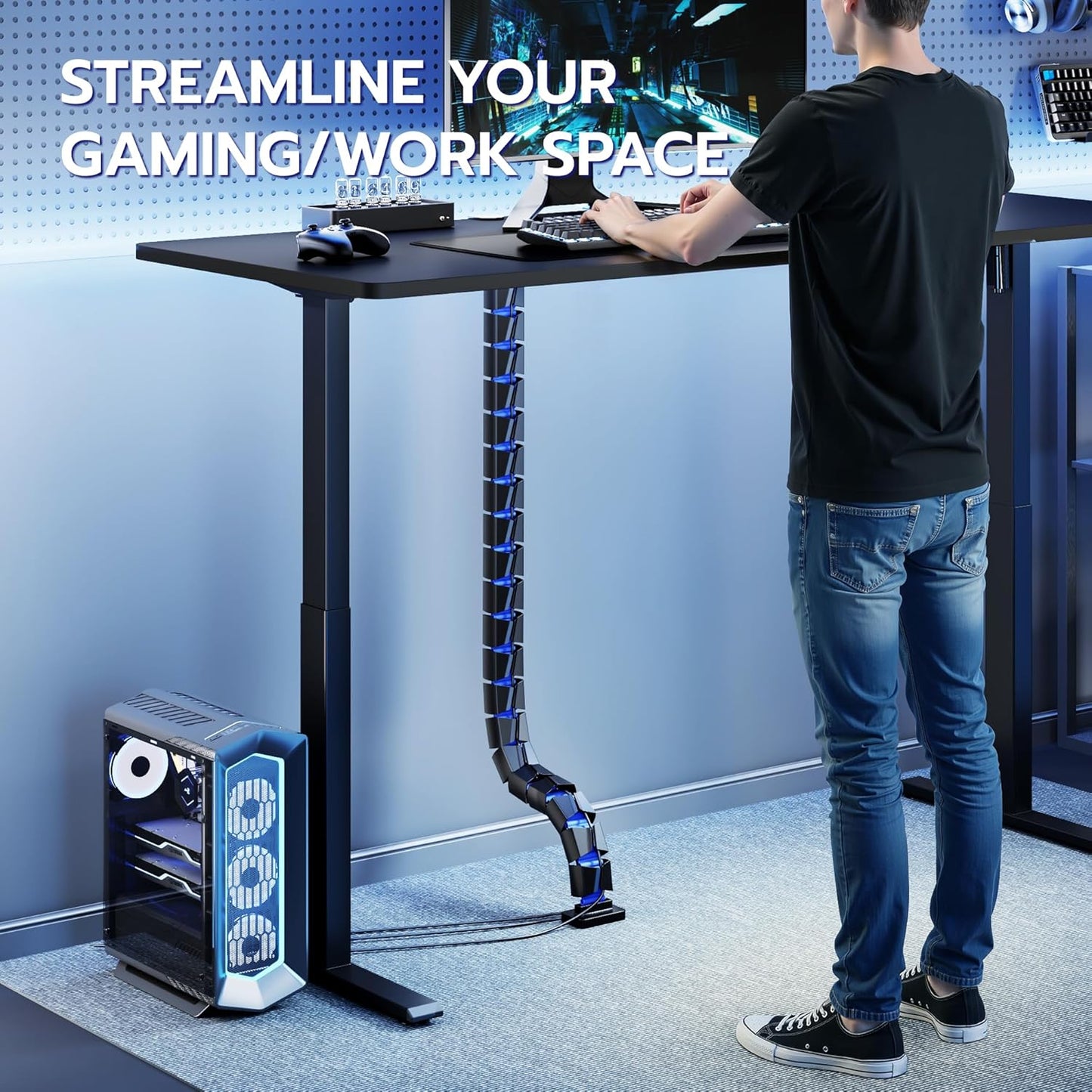 ARES WING Under Desk Cable Management Spine, Magnetic Vertebrae Cable Management for Standing Desk, Length Adjustable Cord Organizer with 20 Modular Vertebrae for Office and Gaming Desks, Red