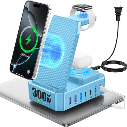 300W Charging Station for Multiple Devices Apple,10 in 1 Wireless Charger for iPhone,GaN III USB C 65W PD Fast Charging Stand Dock for MacBook,iWatch&Airpods (Wireless Charging Only for Apple)