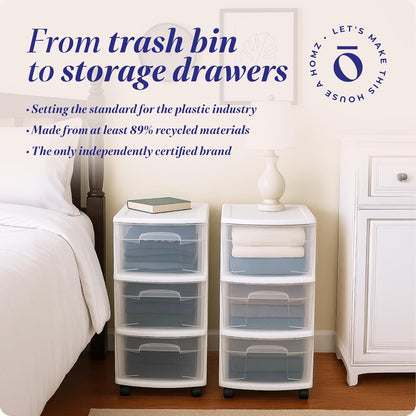 HOMZ Drawer Tower, 3-Tier Rolling Storage Cart with Removable Wheels, White Frame – Plastic Organizer with Clear Bin Drawers for Bedroom, Bathroom, Home Office, and Dorm Room