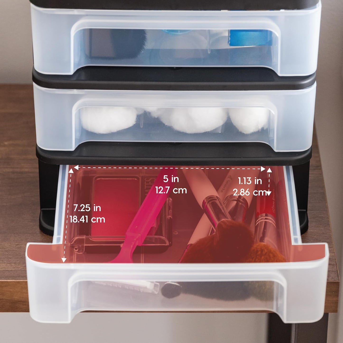 IRIS USA Plastic Stacking Desk Top 3-Drawer Storage Organizer, 2-Pack, for Makeup Vanity Nail Polish Bathroom Stationery Art Craft Supplies Kitchen Office Garage and Small Organization, Small, Black