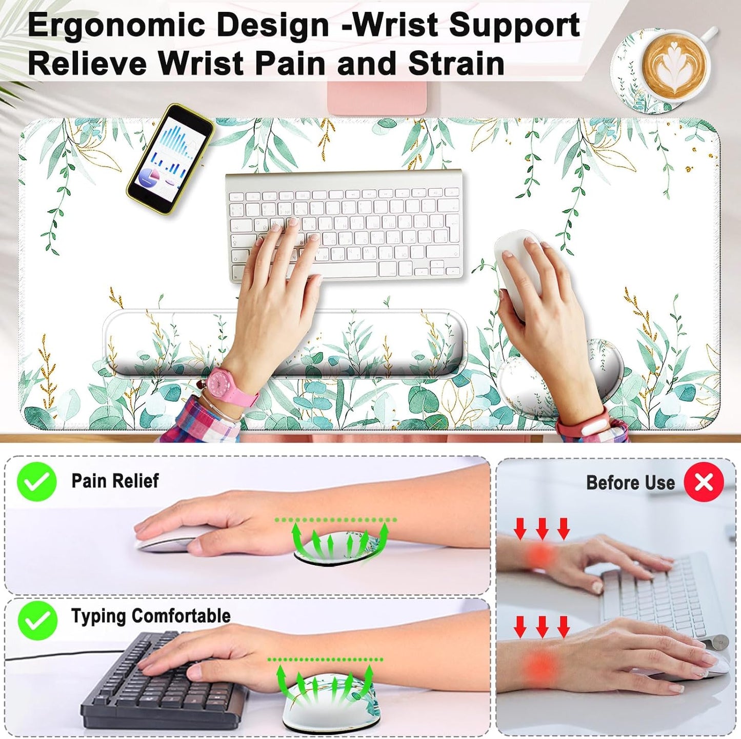 Keyboard Wrist Rest + Mouse Pad with Wrist Support + Desk Mat + Coaster 4 in 1 Set, XXL Large Gaming Mousepad Cute Ergonomic Mouse Pads for Desk Computer Laptop Office Decor-Beach